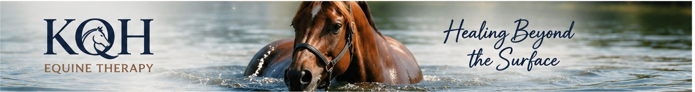 KQH Equine Therapy horse in cold saltwater spa with Healing Beyond the Surface tagline